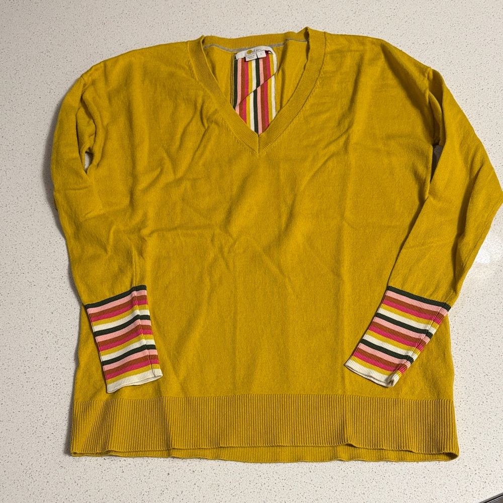 Boden Mustard V-Neck Sweater with Striped Cuffs